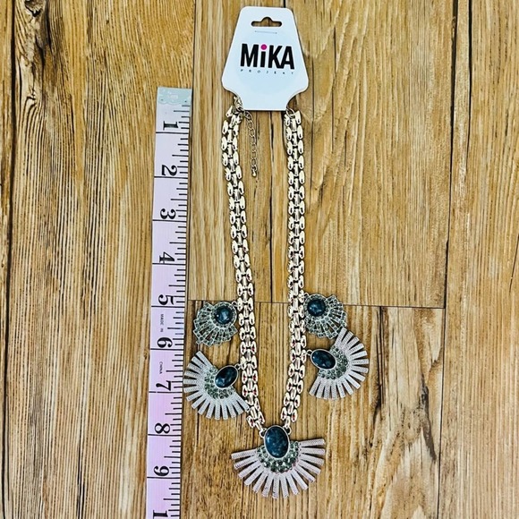 Fan Pendant Statement Necklace with Stone Gold Silver Blue Two Tone Boho Classic - Picture 6 of 6